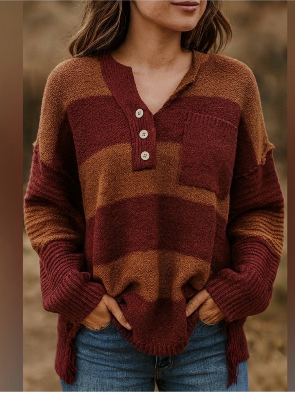 Sweet Lovely by Jen Striped V-Neck Henley Sweater in Rust & Burgundy. Oversized